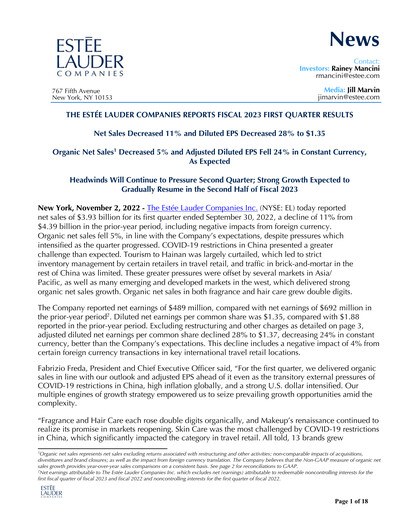 Thumbnail Estee Lauder Quarterly Report 2022-2023-q1