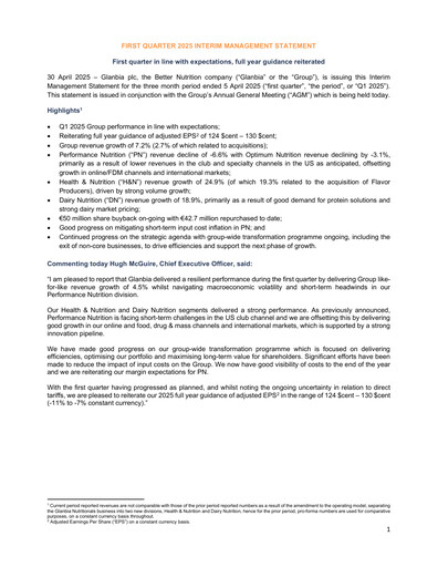 Vorschaubild Glanbia plc Quartalsbericht 2025-q1