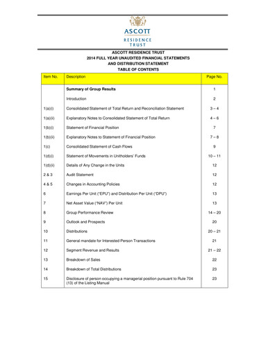 Thumbnail CapitaLand Ascott Trust Financial Statement 2014