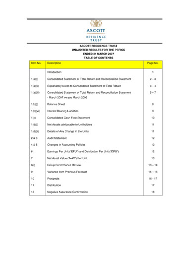 Thumbnail CapitaLand Ascott Trust Quarterly Report 2007-q1
