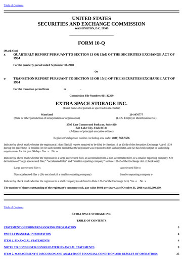 Thumbnail Extra Space Storage
 Quarterly Report 2008-q3