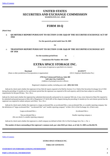 Thumbnail Extra Space Storage
 Quarterly Report 2009-q2