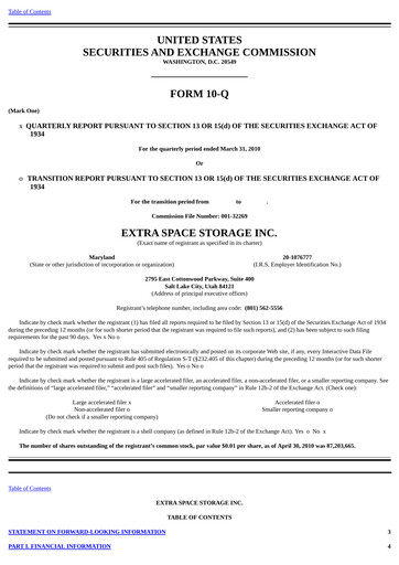 Thumbnail Extra Space Storage
 Quarterly Report 2010-q1