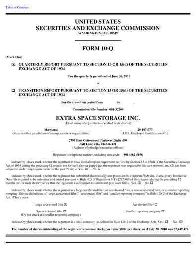 Thumbnail Extra Space Storage
 Quarterly Report 2010-q2