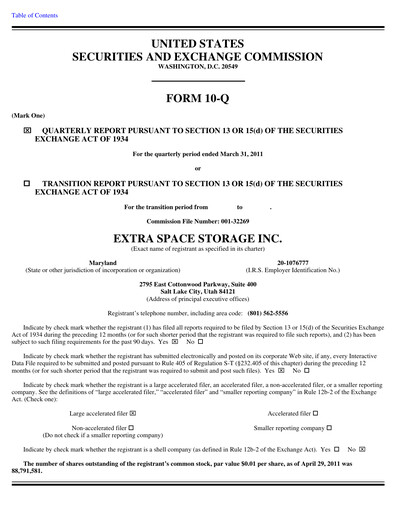Thumbnail Extra Space Storage
 Quarterly Report 2011-q1