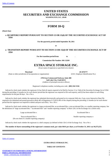 Thumbnail Extra Space Storage
 Quarterly Report 2011-q3