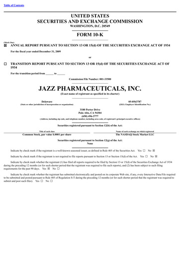 Thumbnail Jazz Pharmaceuticals Annual Report 2009