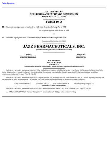 Thumbnail Jazz Pharmaceuticals Quarterly Report 2008-q1