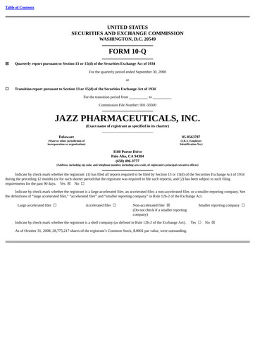 Thumbnail Jazz Pharmaceuticals Quarterly Report 2008-q3
