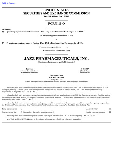 Thumbnail Jazz Pharmaceuticals Quarterly Report 2010-q1