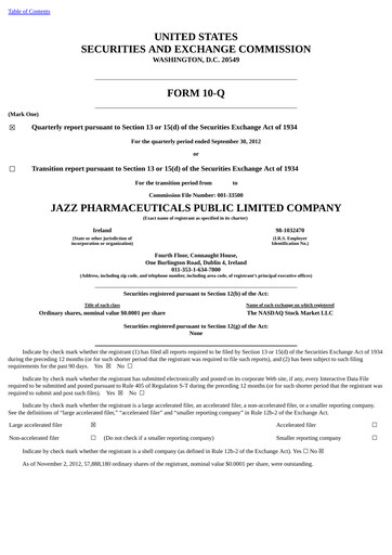 Thumbnail Jazz Pharmaceuticals Quarterly Report 2012-q3