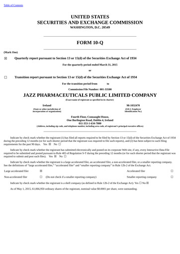 Thumbnail Jazz Pharmaceuticals Quarterly Report 2015-q1