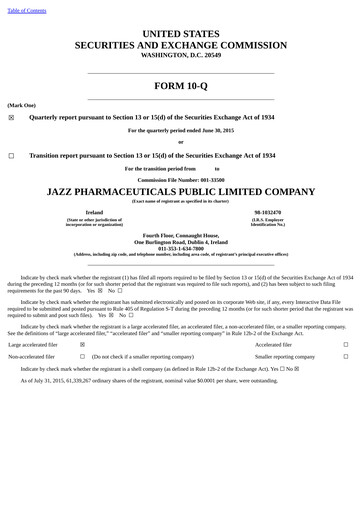 Thumbnail Jazz Pharmaceuticals Quarterly Report 2015-q2