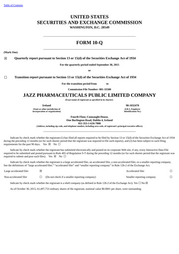 Thumbnail Jazz Pharmaceuticals Quarterly Report 2015-q3