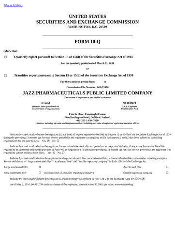 Thumbnail Jazz Pharmaceuticals Quarterly Report 2016-q1
