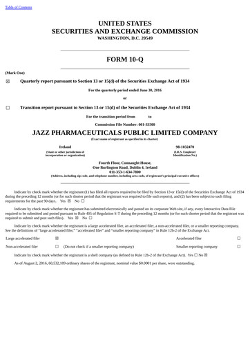Thumbnail Jazz Pharmaceuticals Quarterly Report 2016-q2