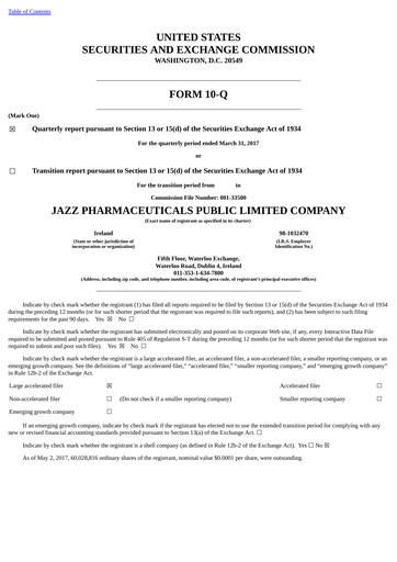 Thumbnail Jazz Pharmaceuticals Quarterly Report 2017-q1
