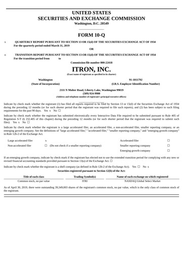 Thumbnail Itron
 Quarterly Report 2019-q1
