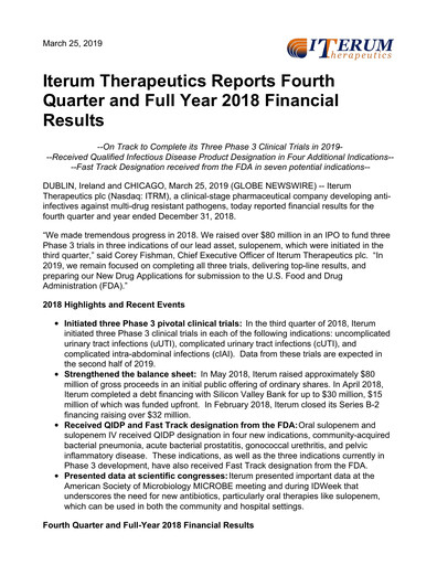 Vorschaubild Iterum Therapeutics Finanzbericht 2018