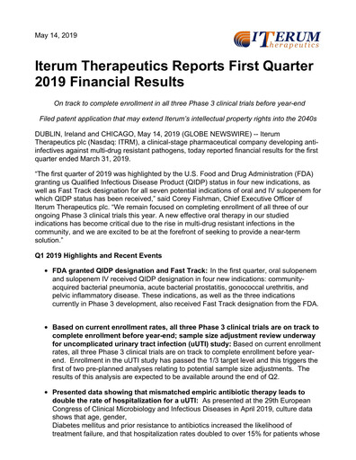 Vorschaubild Iterum Therapeutics Quartalsbericht 2019-q1