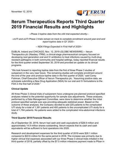 Vorschaubild Iterum Therapeutics Quartalsbericht 2019-q3
