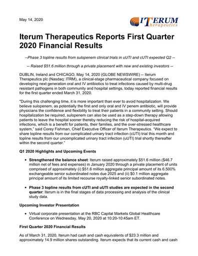 Vorschaubild Iterum Therapeutics Quartalsbericht 2020-q1