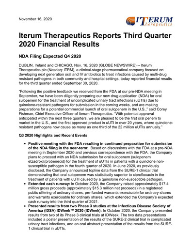 Vorschaubild Iterum Therapeutics Quartalsbericht 2020-q3
