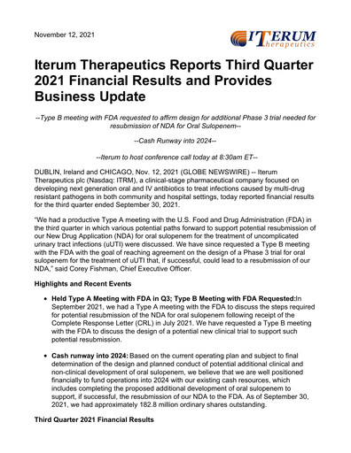 Vorschaubild Iterum Therapeutics Quartalsbericht 2021-q3