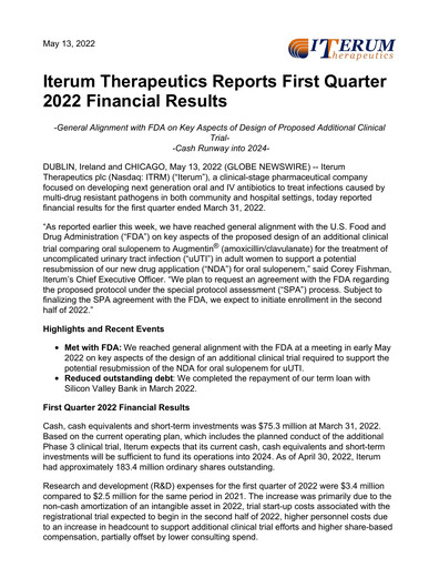 Vorschaubild Iterum Therapeutics Quartalsbericht 2022-q1