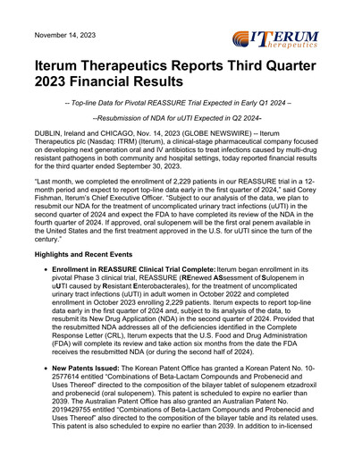 Vorschaubild Iterum Therapeutics Quartalsbericht 2023-q3