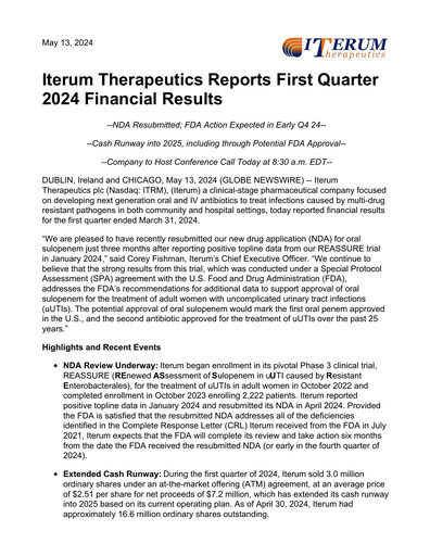 Vorschaubild Iterum Therapeutics Quartalsbericht 2024-q1