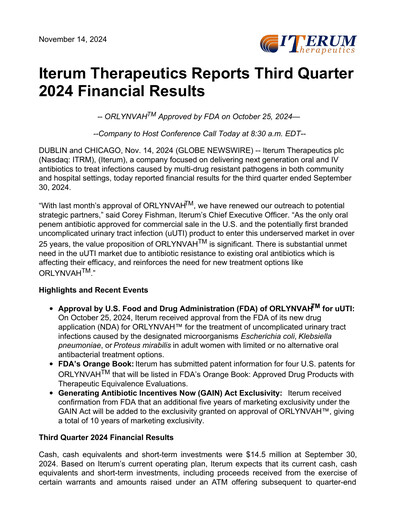 Vorschaubild Iterum Therapeutics Quartalsbericht 2024-q3