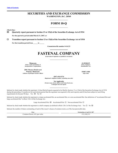 Thumbnail Fastenal Quarterly Report 2007-q1