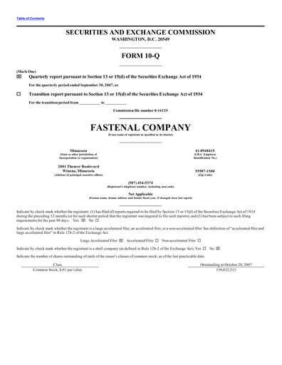 Thumbnail Fastenal Quarterly Report 2007-q3