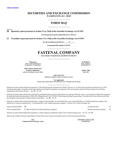 Thumbnail Fastenal Quarterly Report 2010-q1