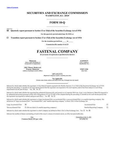 Thumbnail Fastenal Quarterly Report 2010-q2