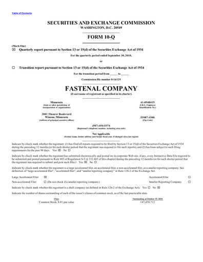Thumbnail Fastenal Quarterly Report 2010-q3