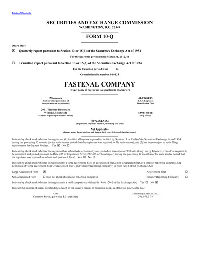 Thumbnail Fastenal Quarterly Report 2012-q1
