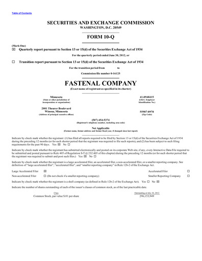 Thumbnail Fastenal Quarterly Report 2012-q2