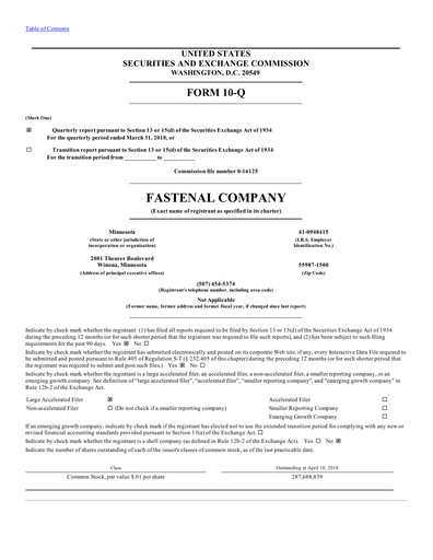 Thumbnail Fastenal Quarterly Report 2018-q1
