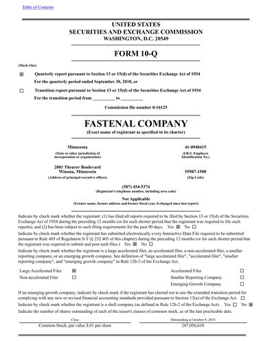 Thumbnail Fastenal Quarterly Report 2018-q3