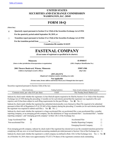 Thumbnail Fastenal Quarterly Report 2019-q3