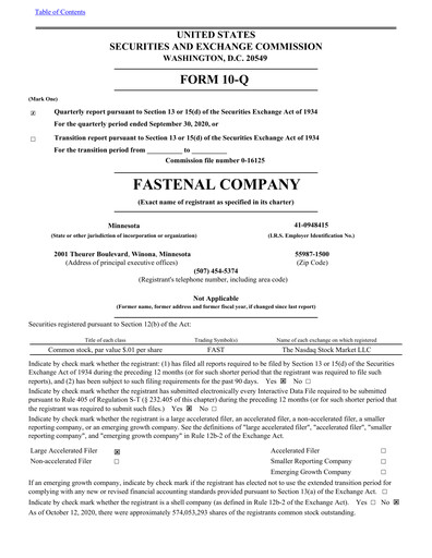 Thumbnail Fastenal Quarterly Report 2020-q3