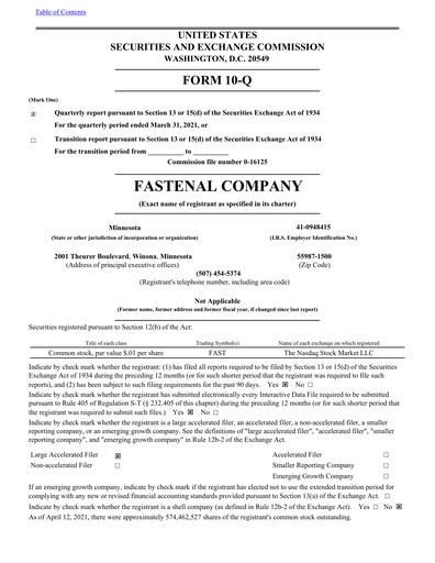 Thumbnail Fastenal Quarterly Report 2021-q1