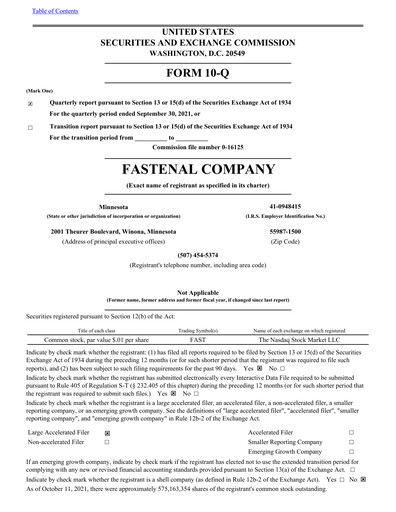 Thumbnail Fastenal Quarterly Report 2021-q3