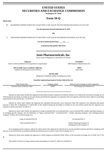 Thumbnail Ionis Pharmaceuticals
 Quarterly Report 2023-q1