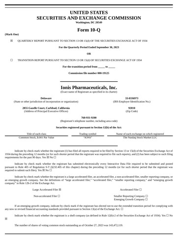 Thumbnail Ionis Pharmaceuticals
 Quarterly Report 2023-q3