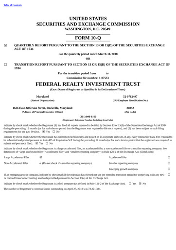 Thumbnail Federal Realty Investment Trust
 Quarterly Report 2018-q1