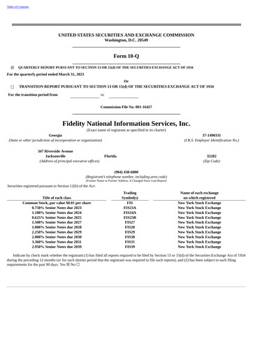 Thumbnail Fidelity National Information Services Quarterly Report 2023-q1
