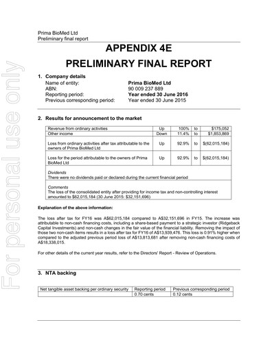 Thumbnail Immutep Financial Report 2016